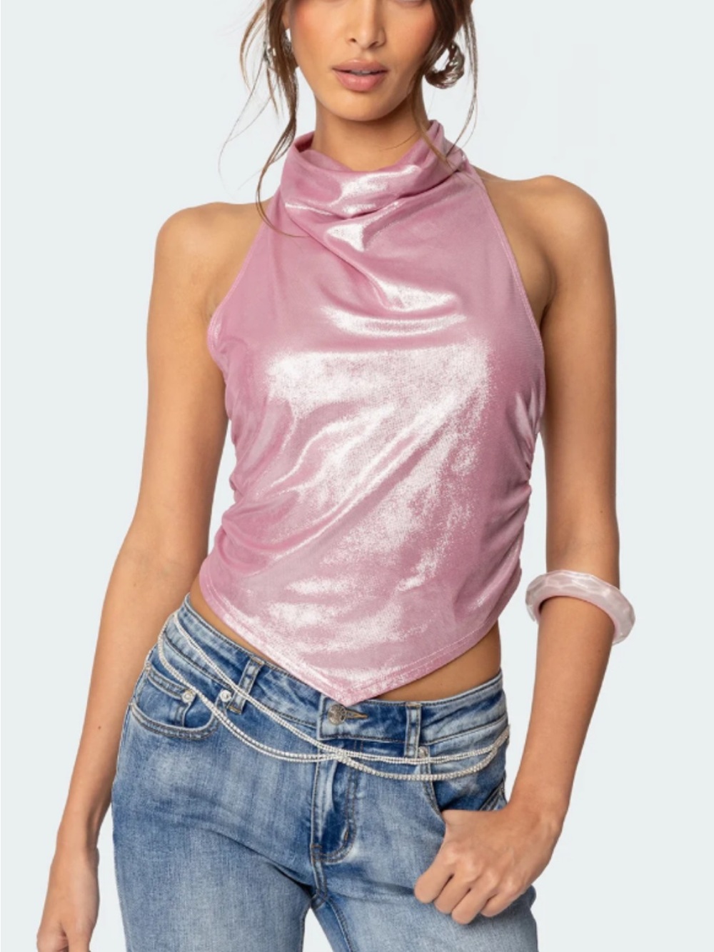 Edikted Metallic Pink Halter Scarf Top